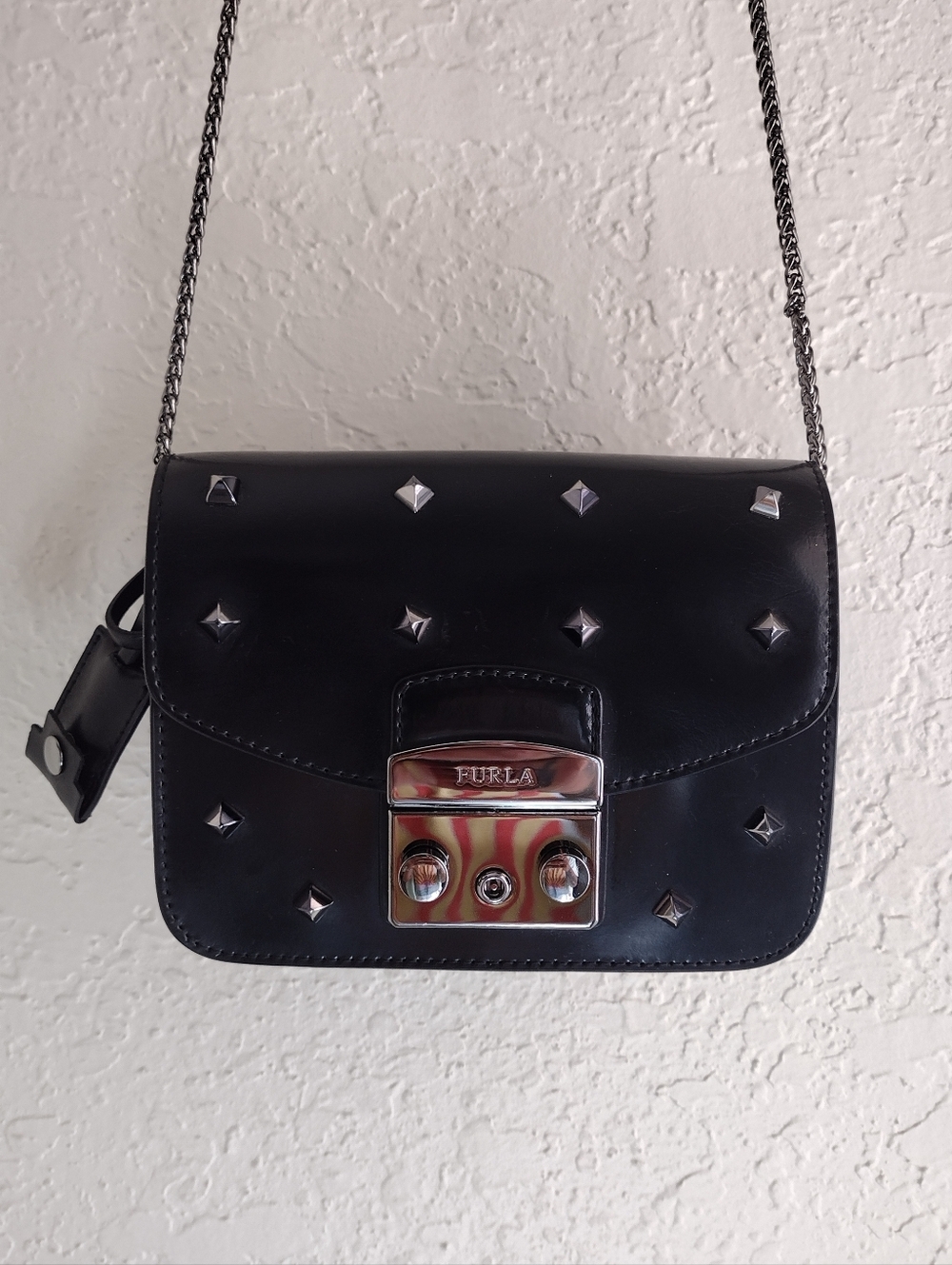 Furla Black Glossy Leather and Suede Studded Chain Metropolis Bag